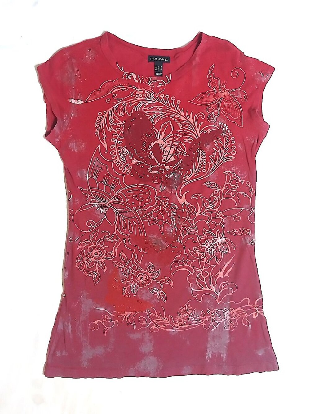 FANG Y2K Graphic Tee Women's M Red Butterfly Floral Heart Tattoo Style